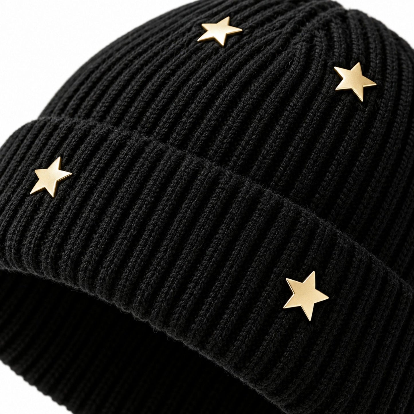 Star Stud Ribbed Knit Beanie Cuffed Winter Hat