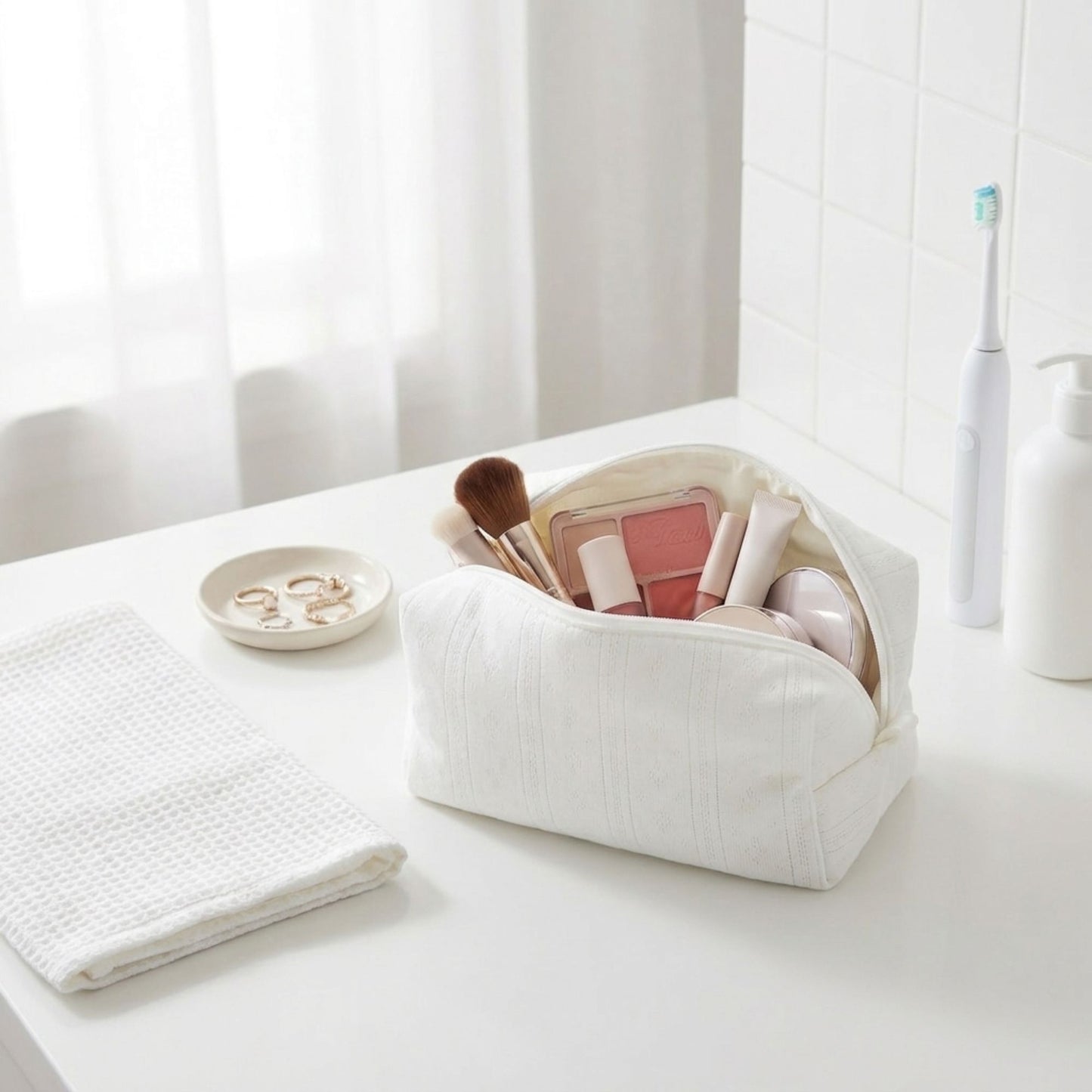 Knit Makeup Bag Large Capacity Cosmetic Pouch Travel Toiletry Organizer
