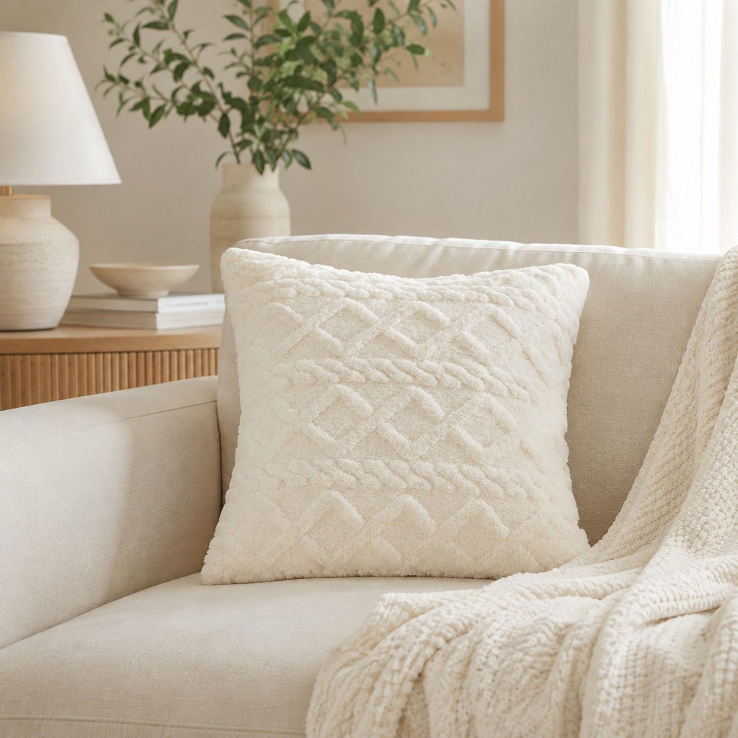 Plush Textured Jacquard Throw Pillow Cover Square Decorative Cushion Cover