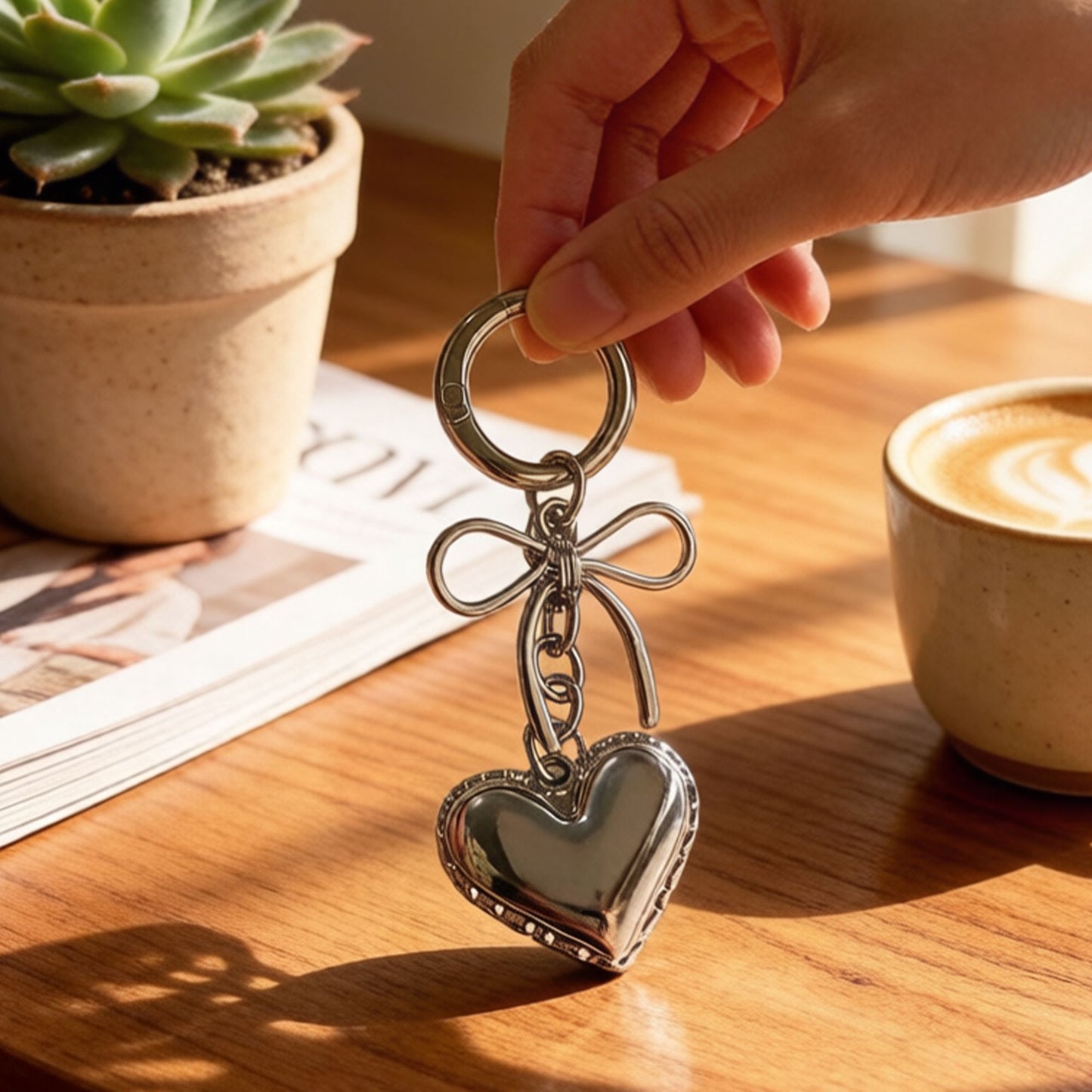 2 Pack Metal Heart Keychain with Bow Accent Clip and Polished Bag Charm Pendant