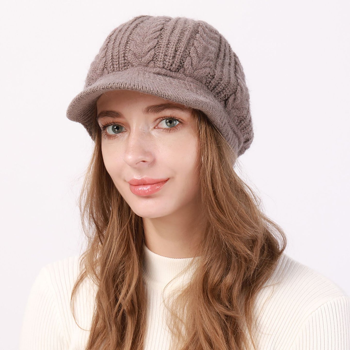 Cable Knit Brim Beanie Faux Fur Lined Warm Winter Hat
