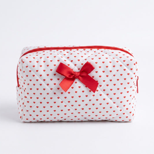 Womens Quilted Heart Print Makeup Bag with Bow Cosmetic Pouch