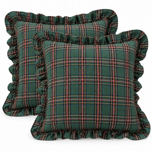 2 Pack Christmas Plaid Ruffle Throw Pillow Covers 18 x 18 Inch for Couch and Bed