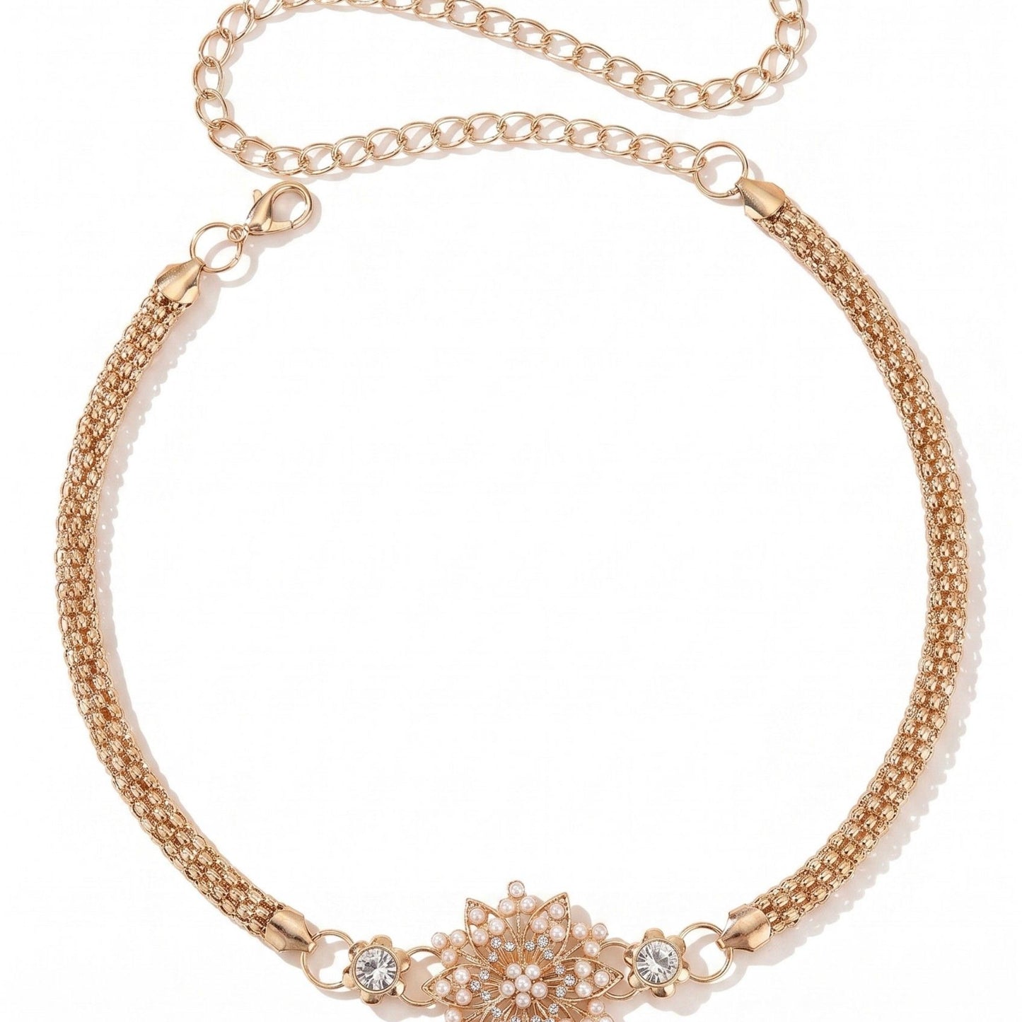 Pearl Floral Mesh Metal Waist Chain Adjustable Elegant Statement Waist Jewelry 43.3in