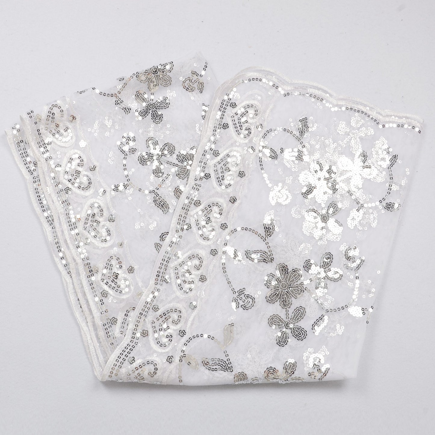 Embroidered Sequin Mesh Shawl Wrap Sheer Floral Scarf Scalloped Edge