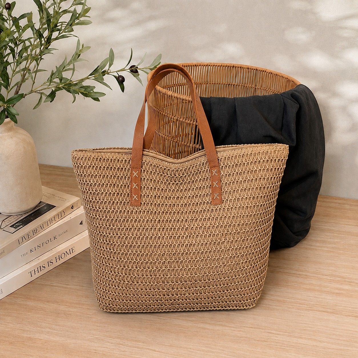 Palm Tree Woven Tote Bag Large Capacity Shoulder Handbag with Faux Leather Handles