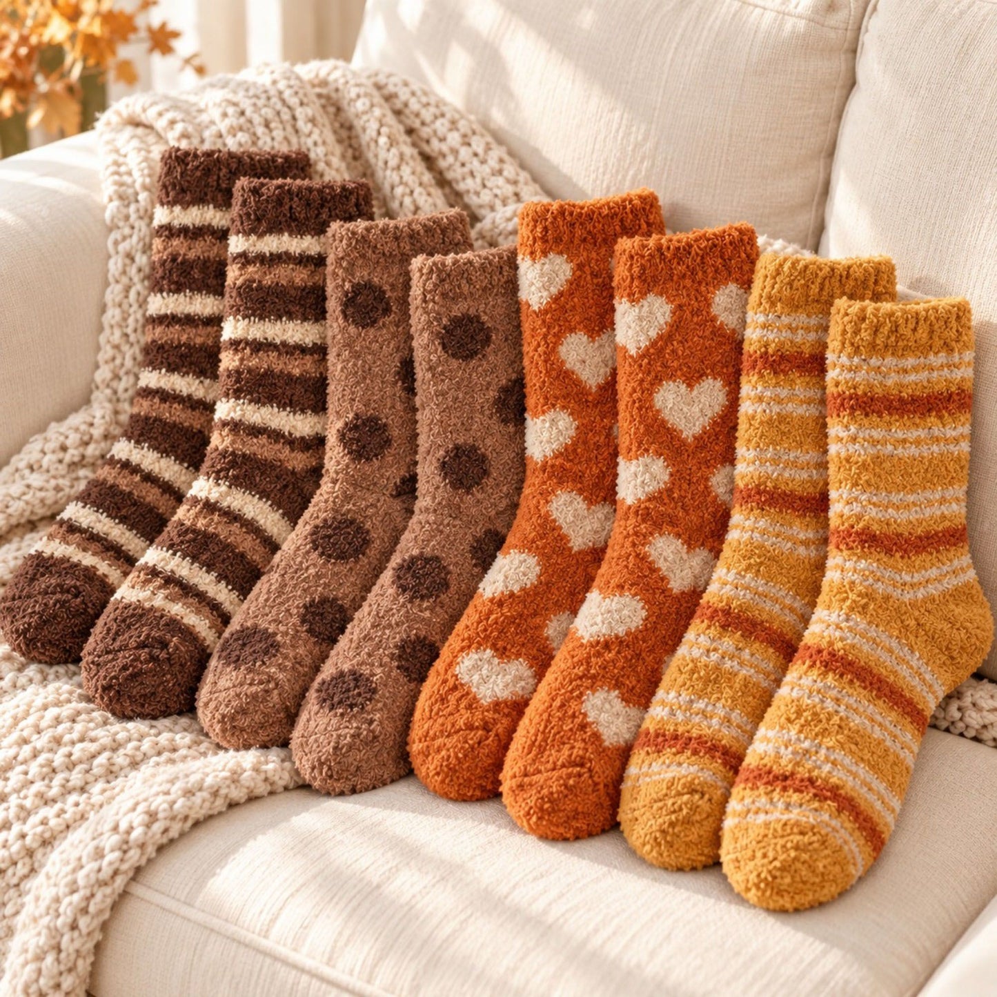 Warm Tone Fuzzy Crew Socks 4-Pair Set US 5-10.5