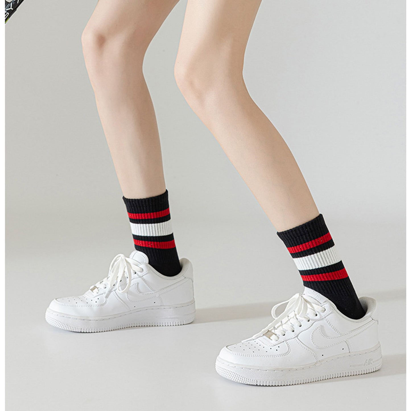 Crew Socks 4-Pack White Base Colorful Ribbed Cuff Striped Design Stretch Comfort Breathable Fit