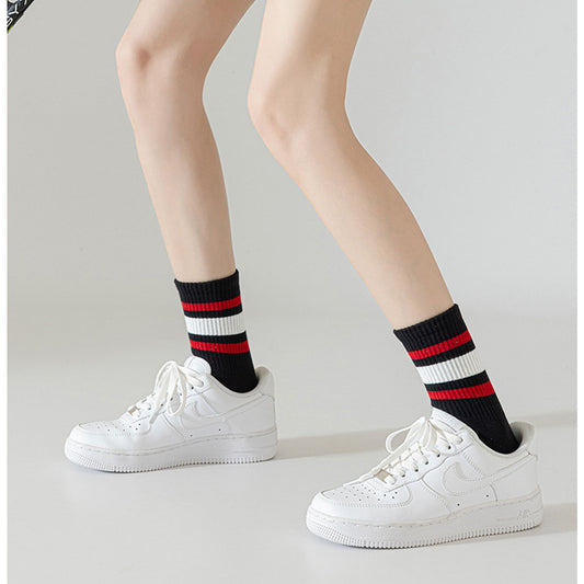 Crew Socks 4-Pack White Base Colorful Ribbed Cuff Striped Design Stretch Comfort Breathable Fit