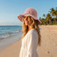Crochet Wide Brim Sun Hat with Floral Accent Scalloped Edge and Chin Strap