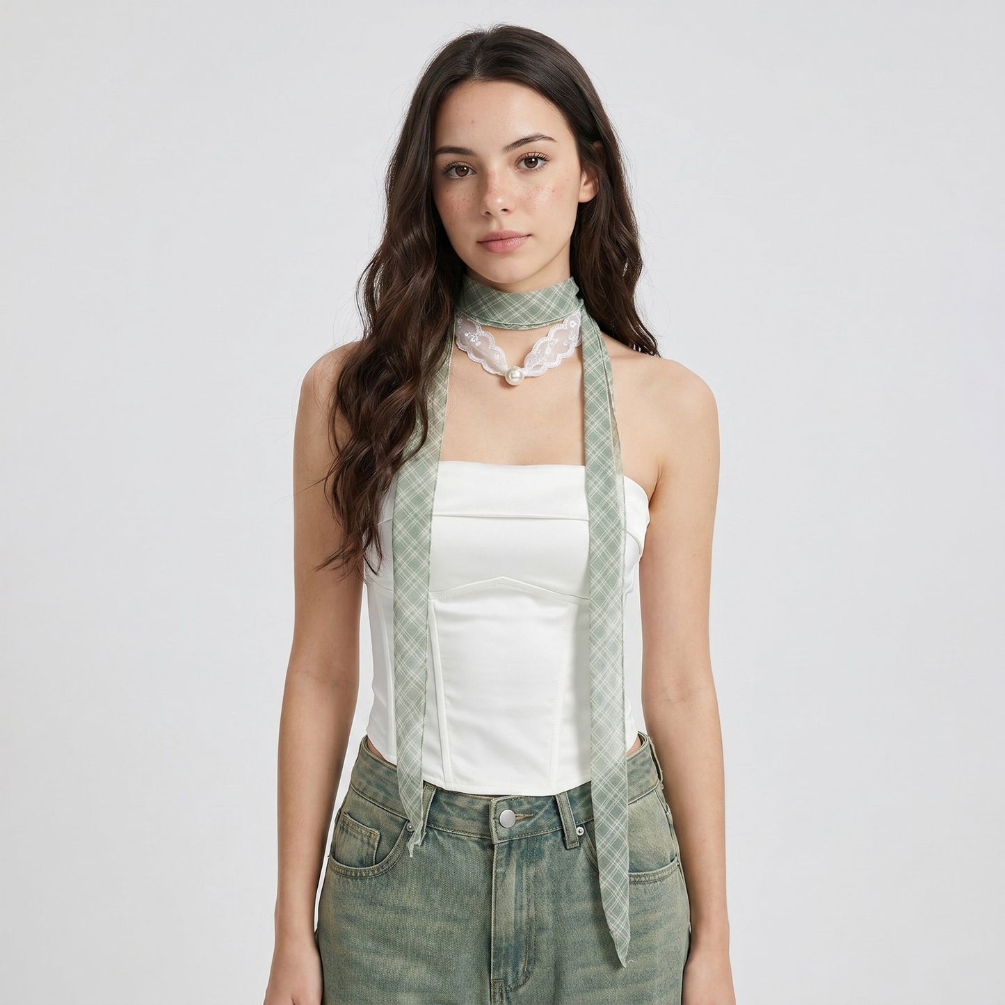 Sheer Skinny Scarf with Lace Trim Faux Pearl Accent and Long Neck Tie Design