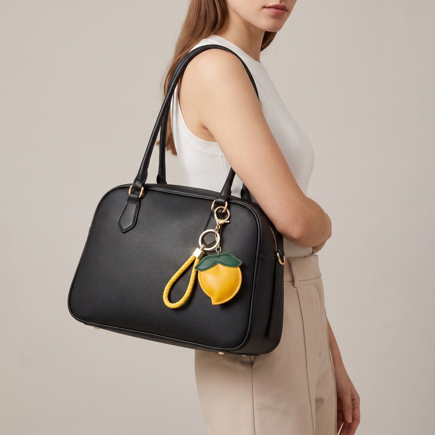 Peach Bag Charm with Braided Leather Loop and Gold Tone Hardware
