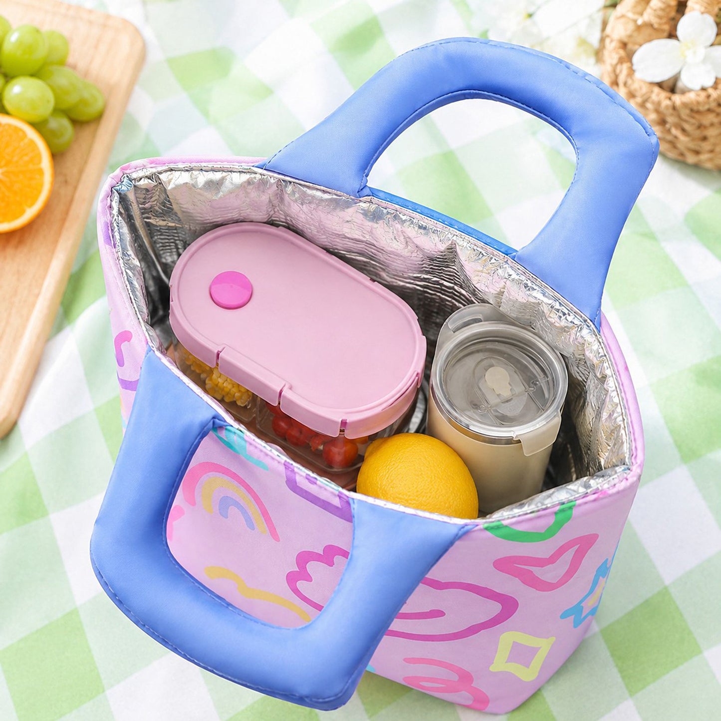Printed Lunch Tote Bag with Padded Handles and Zipper Closure