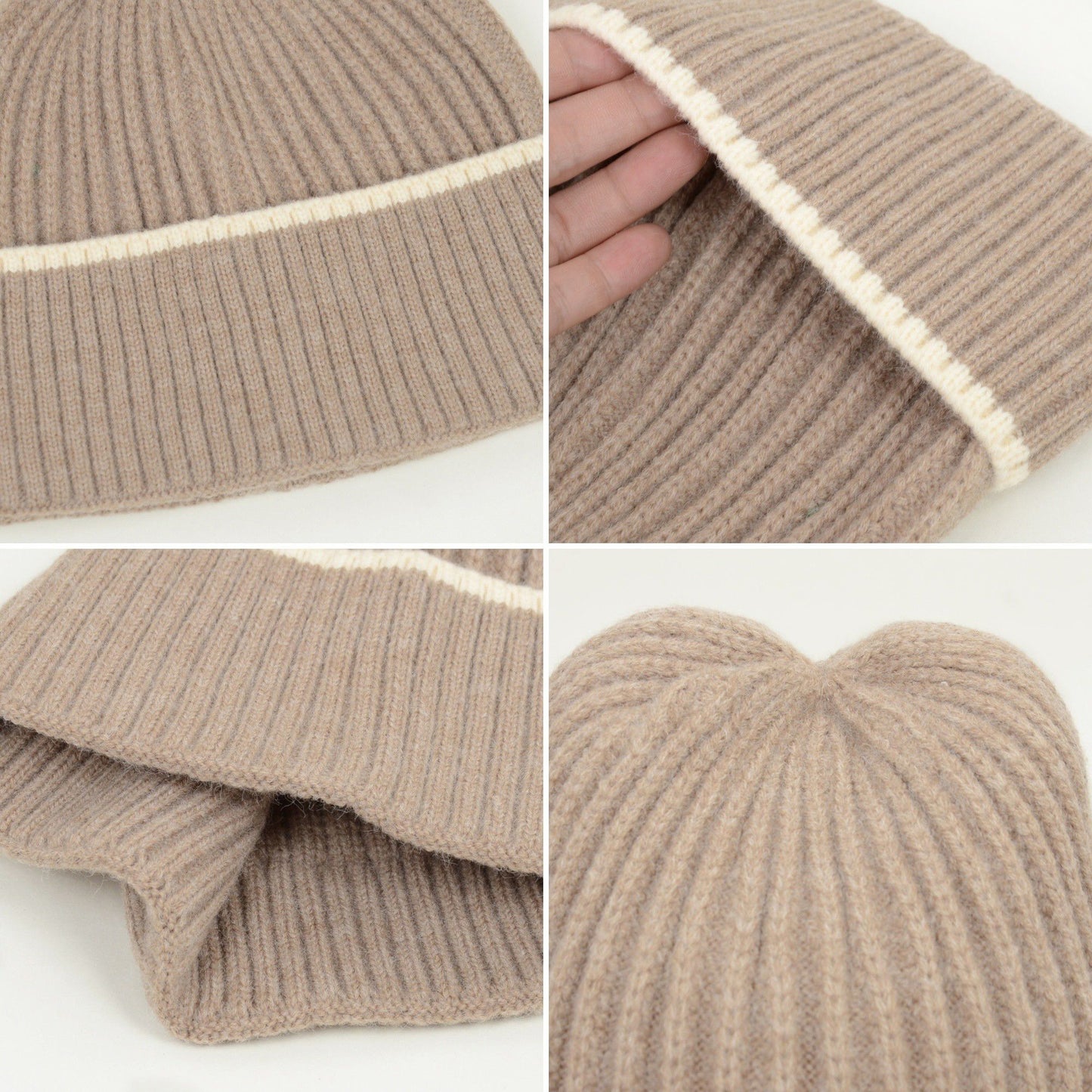 Ribbed Knit Beanie Hat with Contrast Trim and Folded Cuff