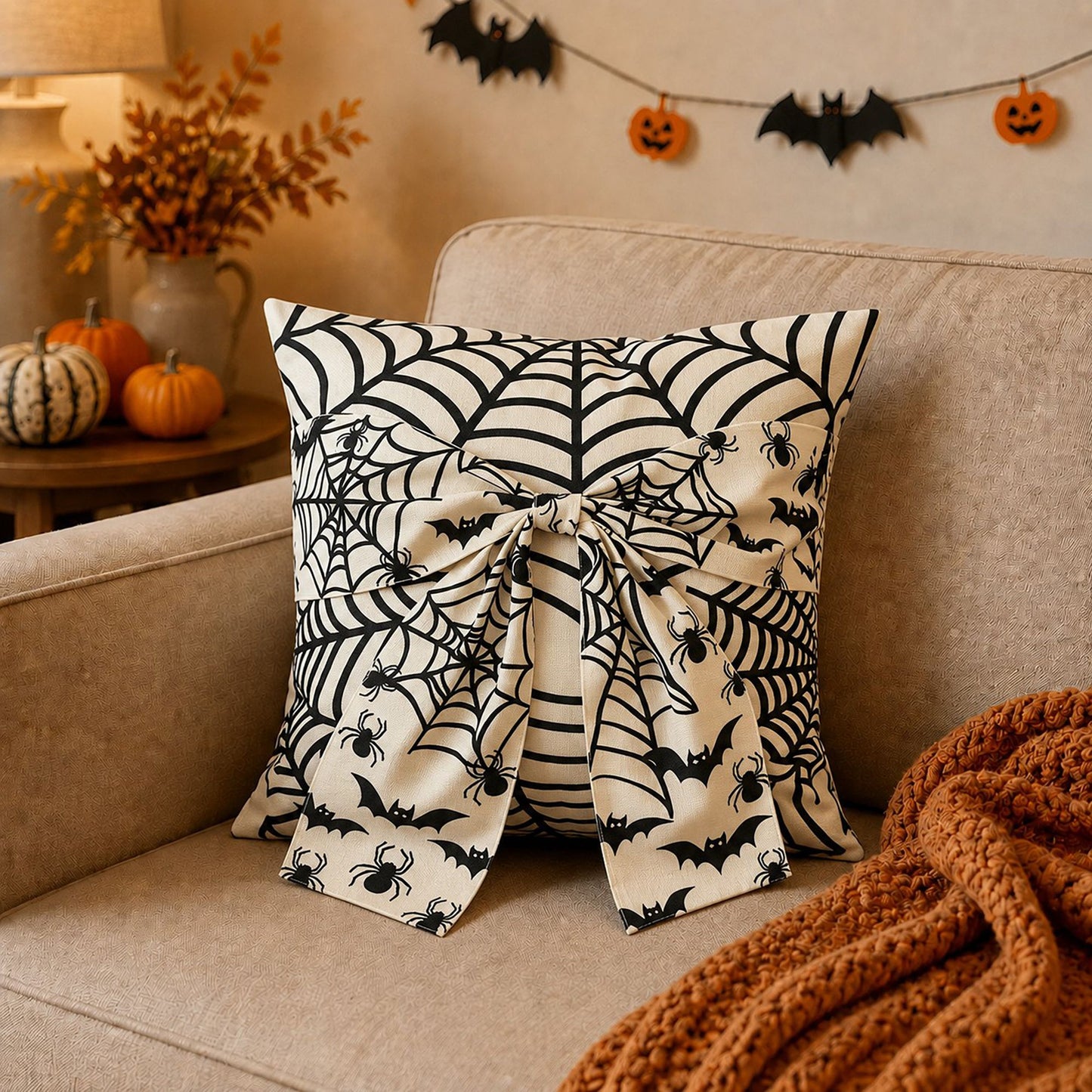 Halloween Throw Pillow Cover with Decorative Bow 18 x 18 Inch