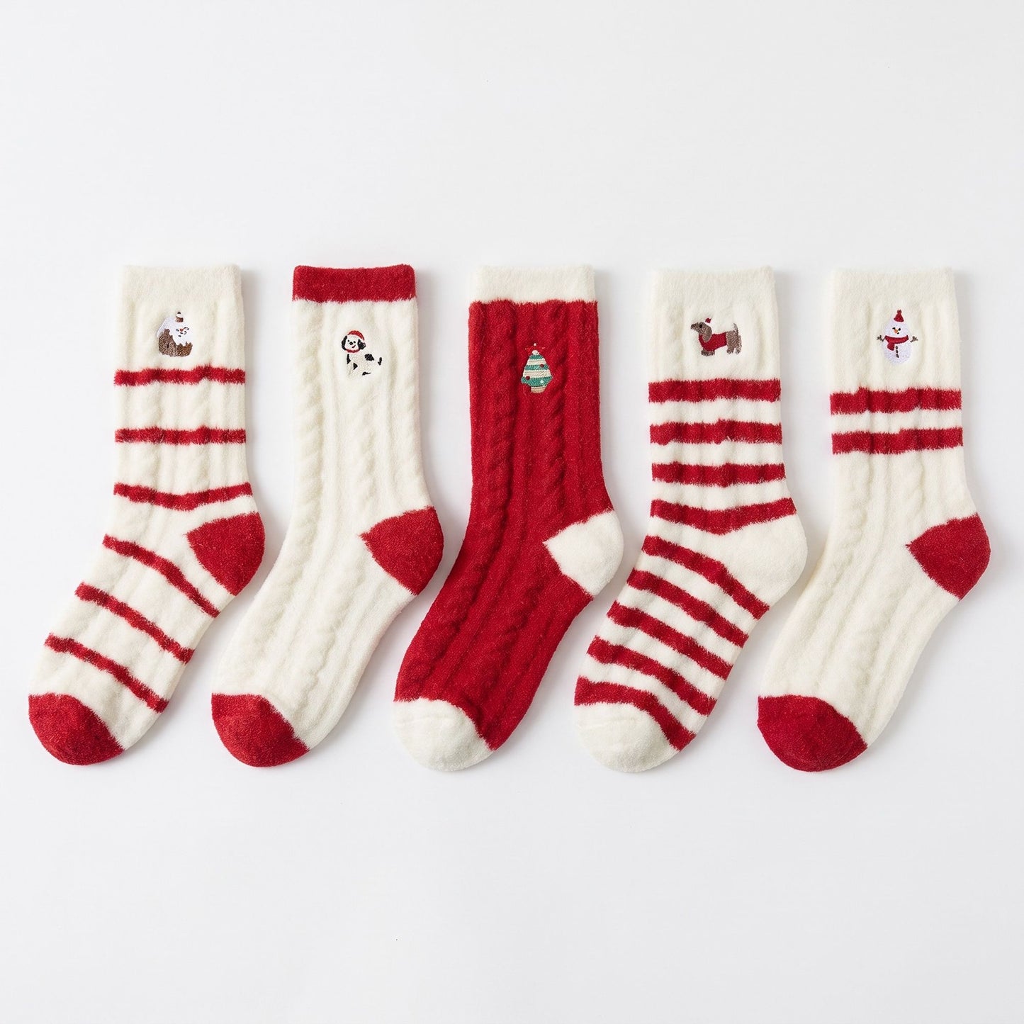 5-Pair Festive Holiday Cable Knit Crew Socks Set with Fuzzy Red Accents and Embroidery