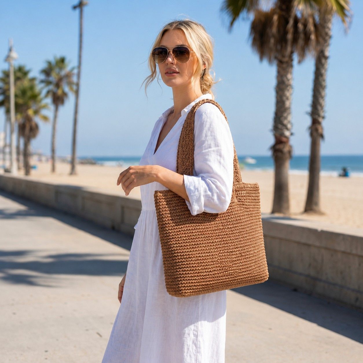 Woven Crochet Tote Bag with Shoulder Straps Lightweight Knit Tote with Zipper Pocket