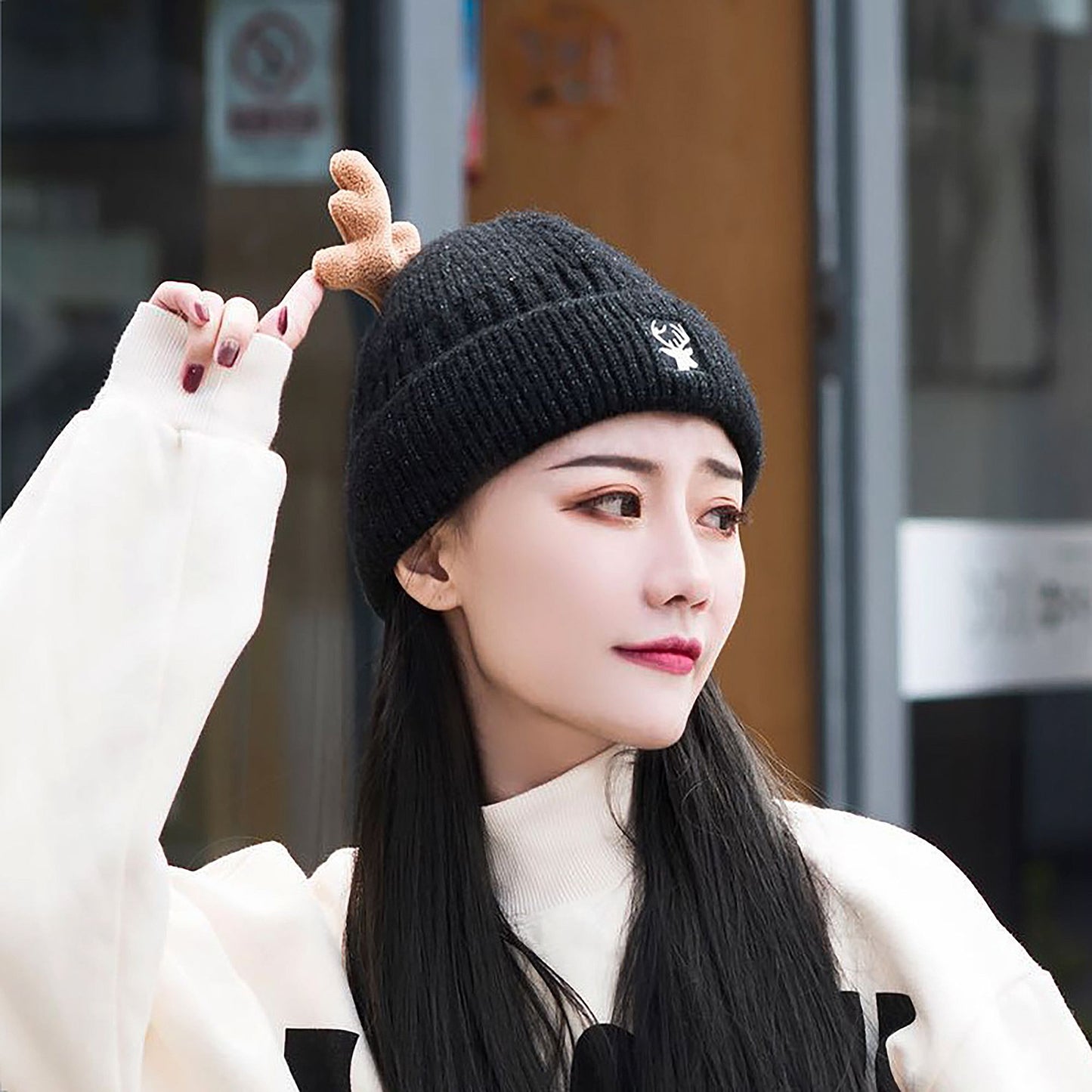 Knit Beanie with Reindeer Antlers - Festive Winter Hat