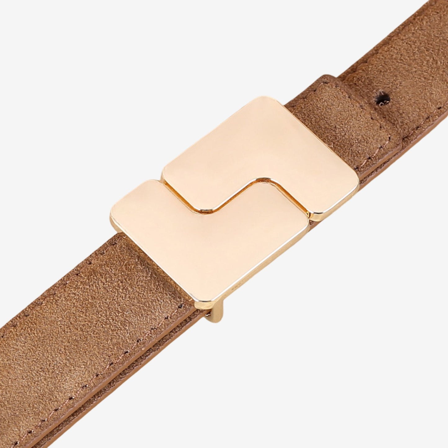 Suede Leather Belt with Geometric Gold Tone Buckle 39.4in