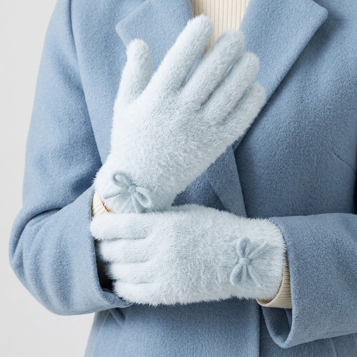 Soft Fuzzy Winter Gloves with Knit Bow Detail