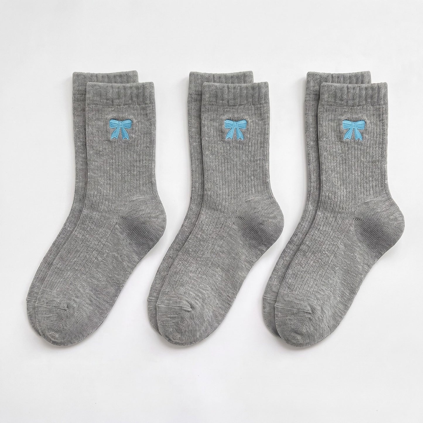 3-Pair Bow Embroidered Crew Socks Set, Ribbed Knit Casual Hosiery