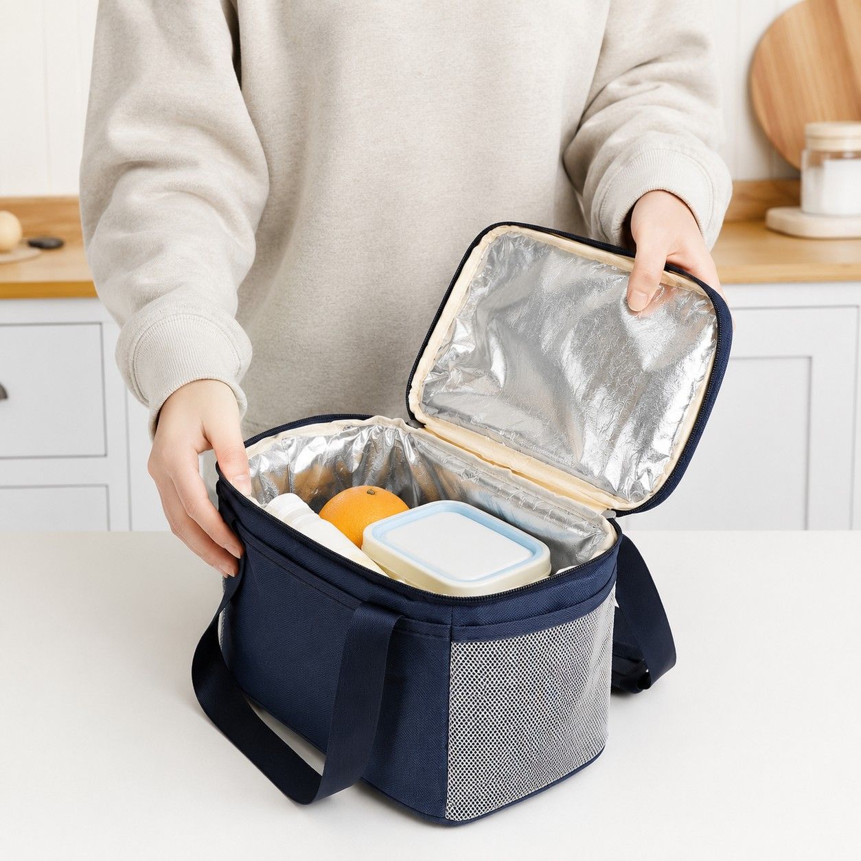 Insulated Lunch Tote Bag with Front Pocket Mesh Side Pockets and Dual Zipper