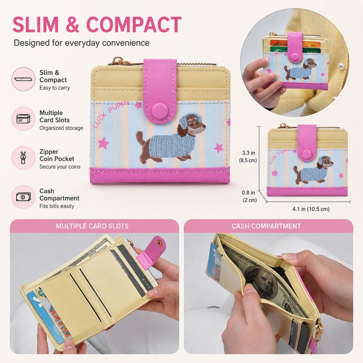 Compact Dachshund Print Bifold Wallet with Zipper Coin Pocket, Card Slots, Snap Closure and Bone Charm