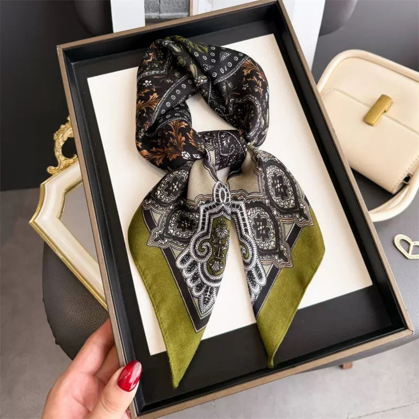 Ornate Paisley Medallion Print Square Scarf with Soft Lightweight Fabric and Decorative Border Detail 26.7x26.7in
