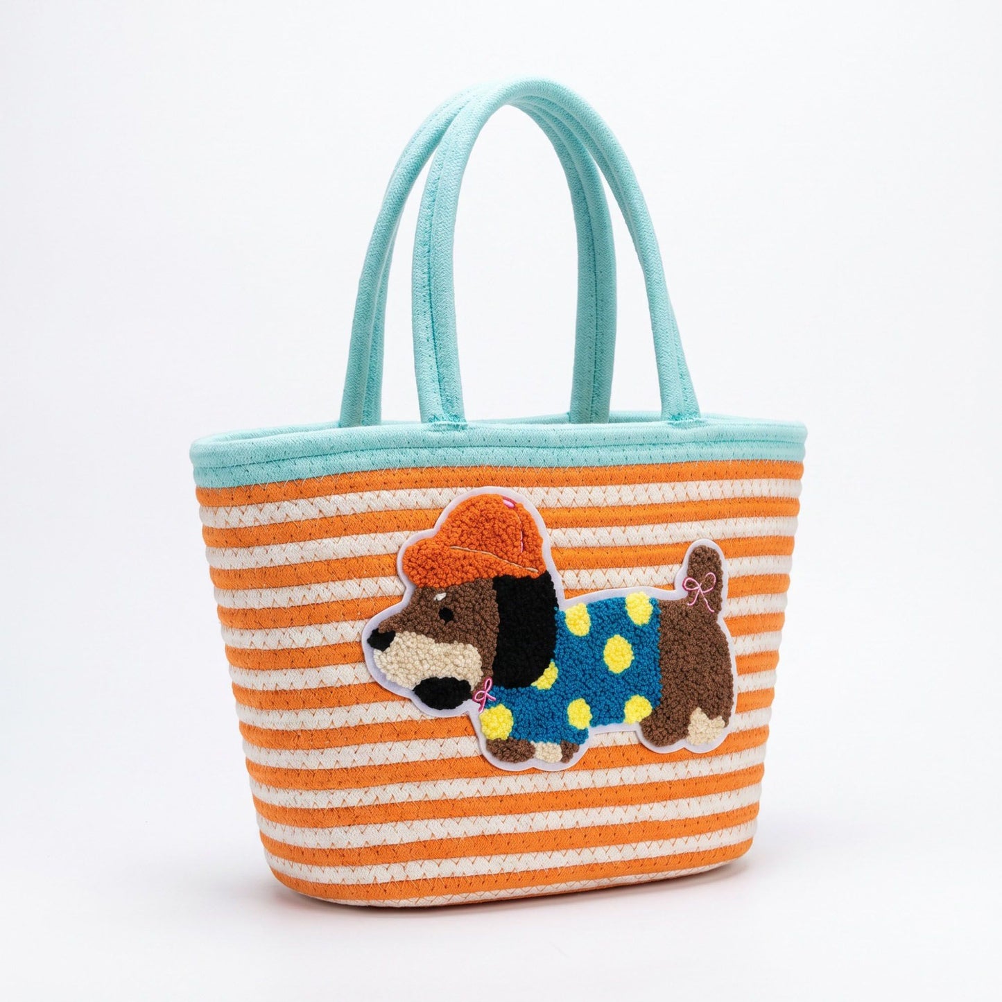 Dog Applique Striped Woven Rope Tote Bag Casual Shoulder Carryall