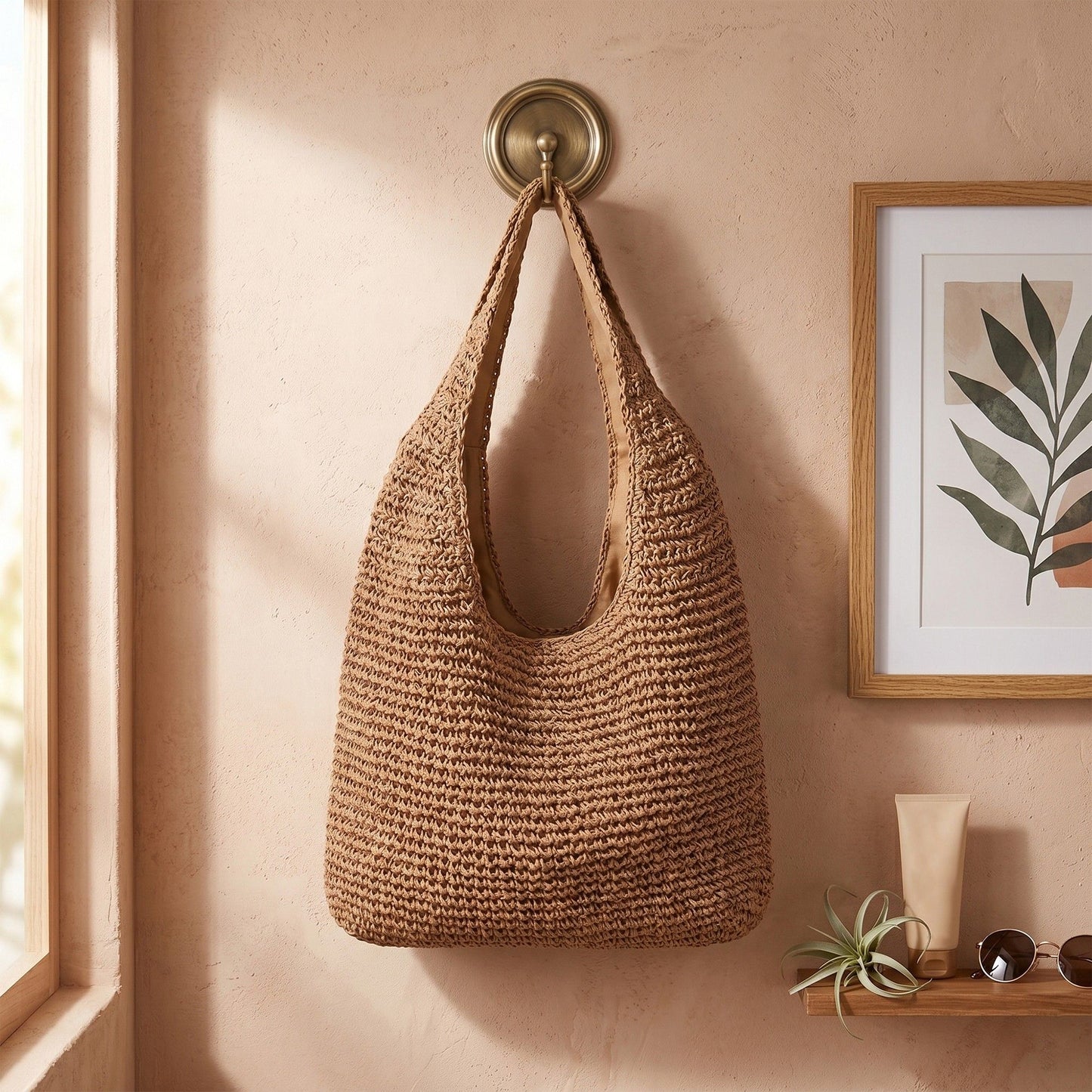 Woven Crochet Hobo Bag with Integrated Strap Slouchy Shoulder Handbag Lightweight Large Capacity Tote