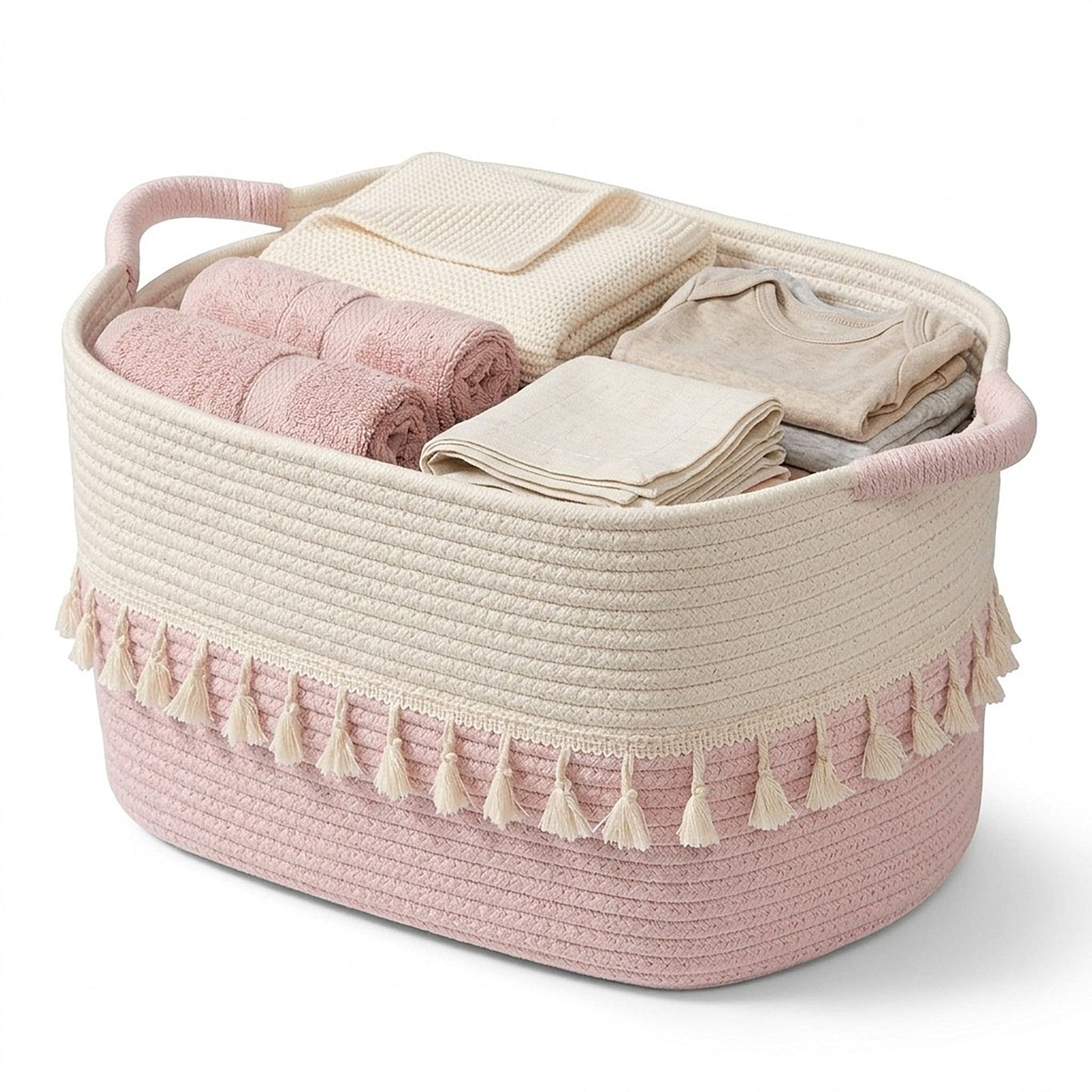Rope Storage Basket with Tassel Trim and Handles
