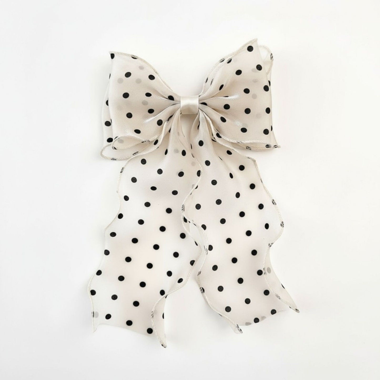 Polka Dot Chiffon Bow Hair Clip with Flowing Ribbon Tails and Lightweight Sheer Fabric