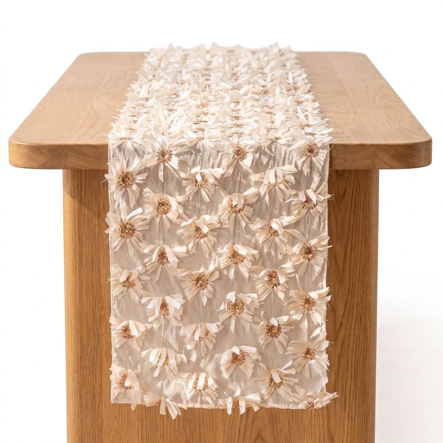 Beige 3D Floral Table Runner with Sequin Accents 13.8x47.2in