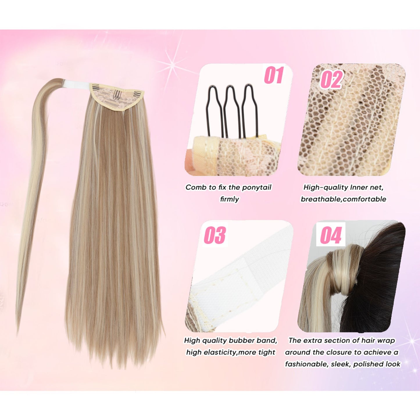 Straight Ponytail Extension - 24 Inch Long Straight Wrap Around Ponytail for Women Clip Ponytail Hair Extensions Synthetic