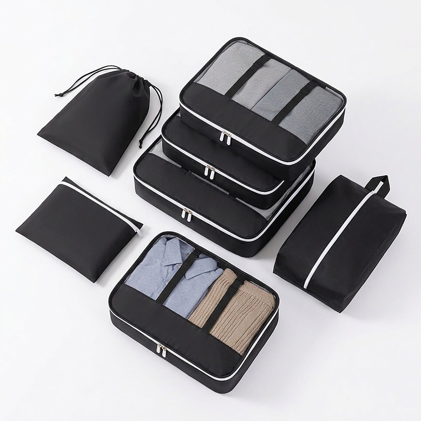 Travel Packing Cube Set with Mesh Organizer Bags Zipper Pouches Drawstring Storage Lightweight Luggage Set