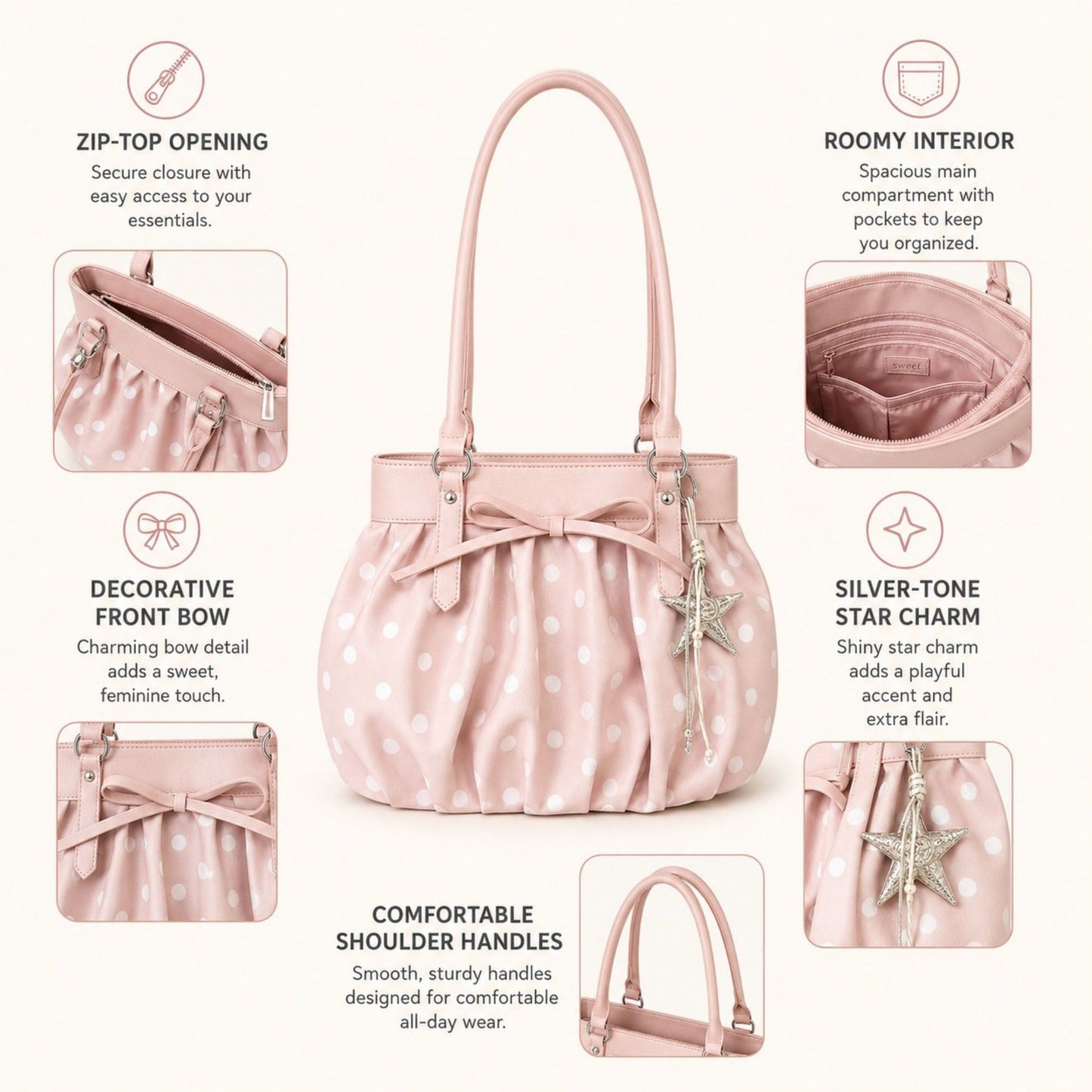 Polka Dot Ruched Shoulder Bag with Bow Detail and Metal Charm