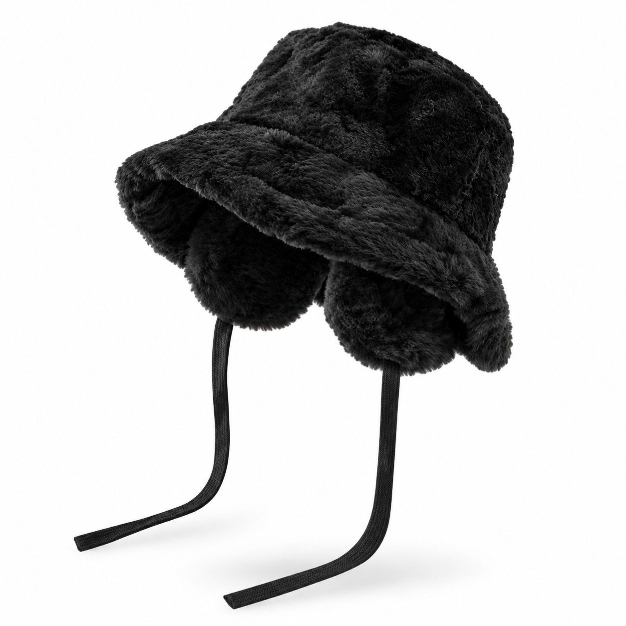 Plush Bucket Hat Removable Ear Flaps Tie Straps Fuzzy Winter Hat