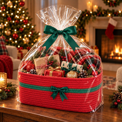 Woven Cotton Cord Rectangular Holiday Storage Basket with Bow