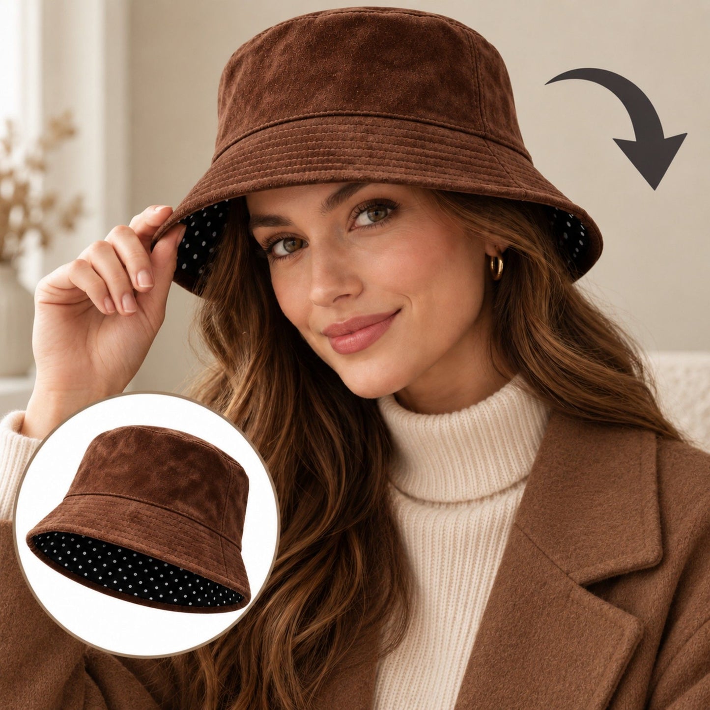 Faux Suede Bucket Hat with Polka Dot Lining