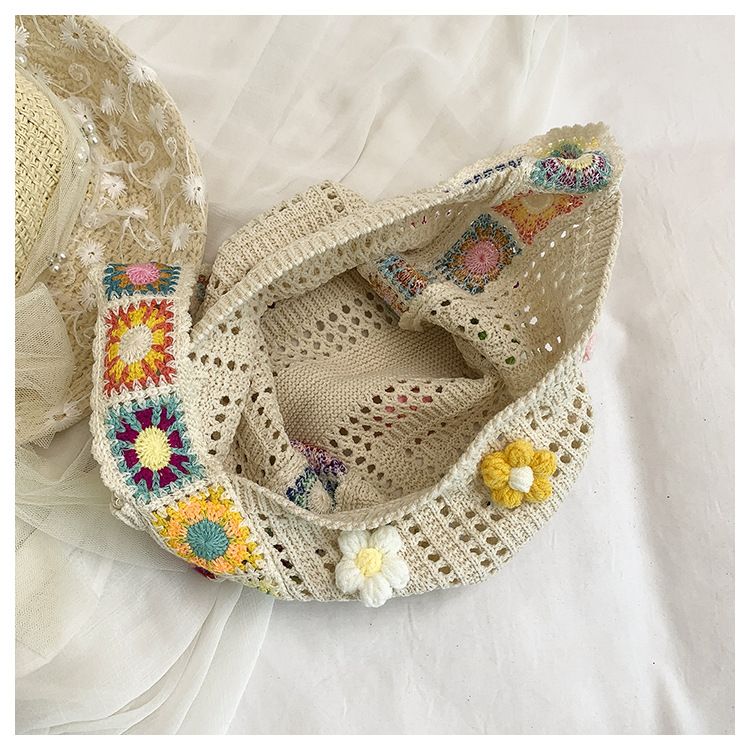 Women's Crochet Shoulder Bag with Daisy Applique and Wide Strap