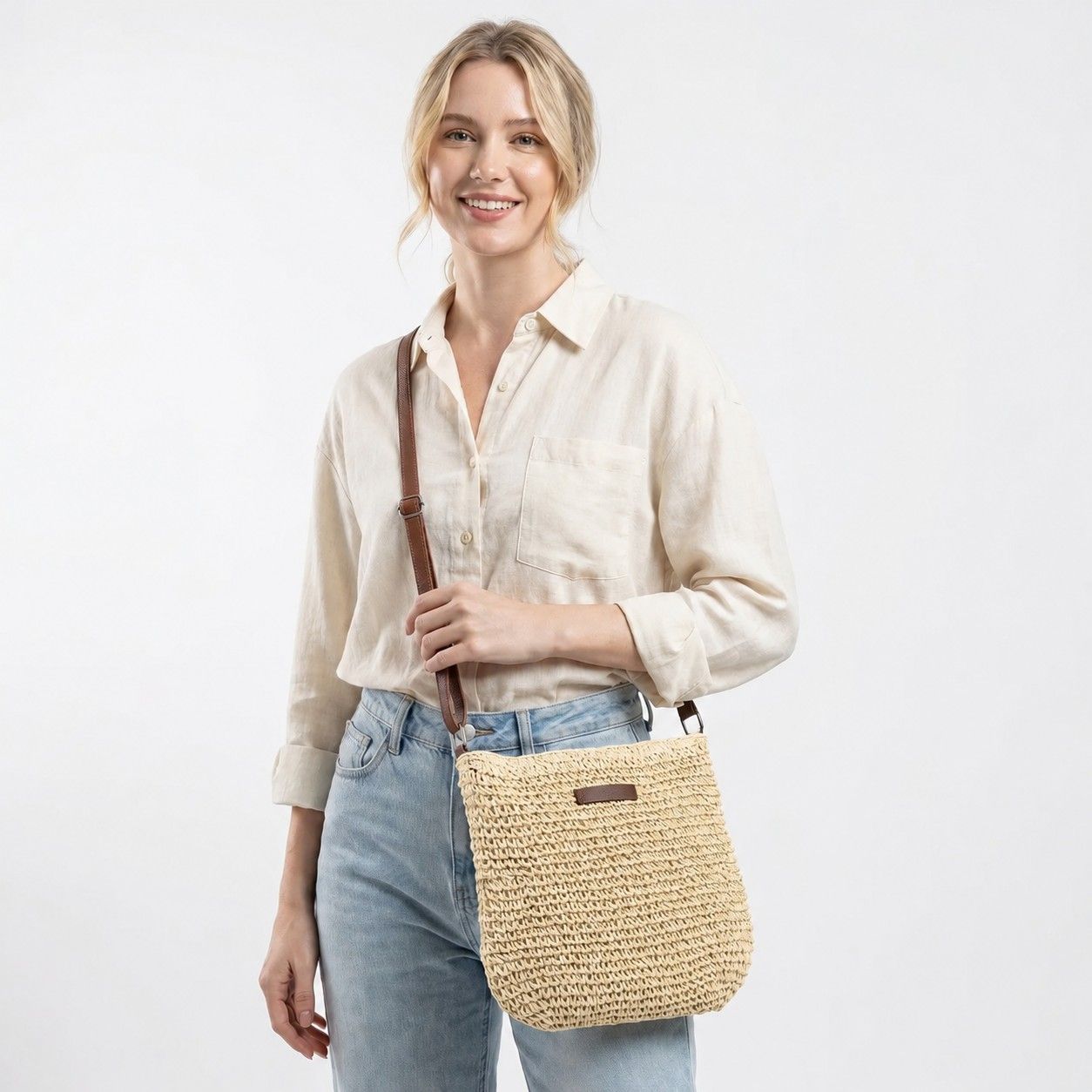 Textured Woven Crossbody Bag with Zip Closure Adjustable Strap and Inner Zip Pocket