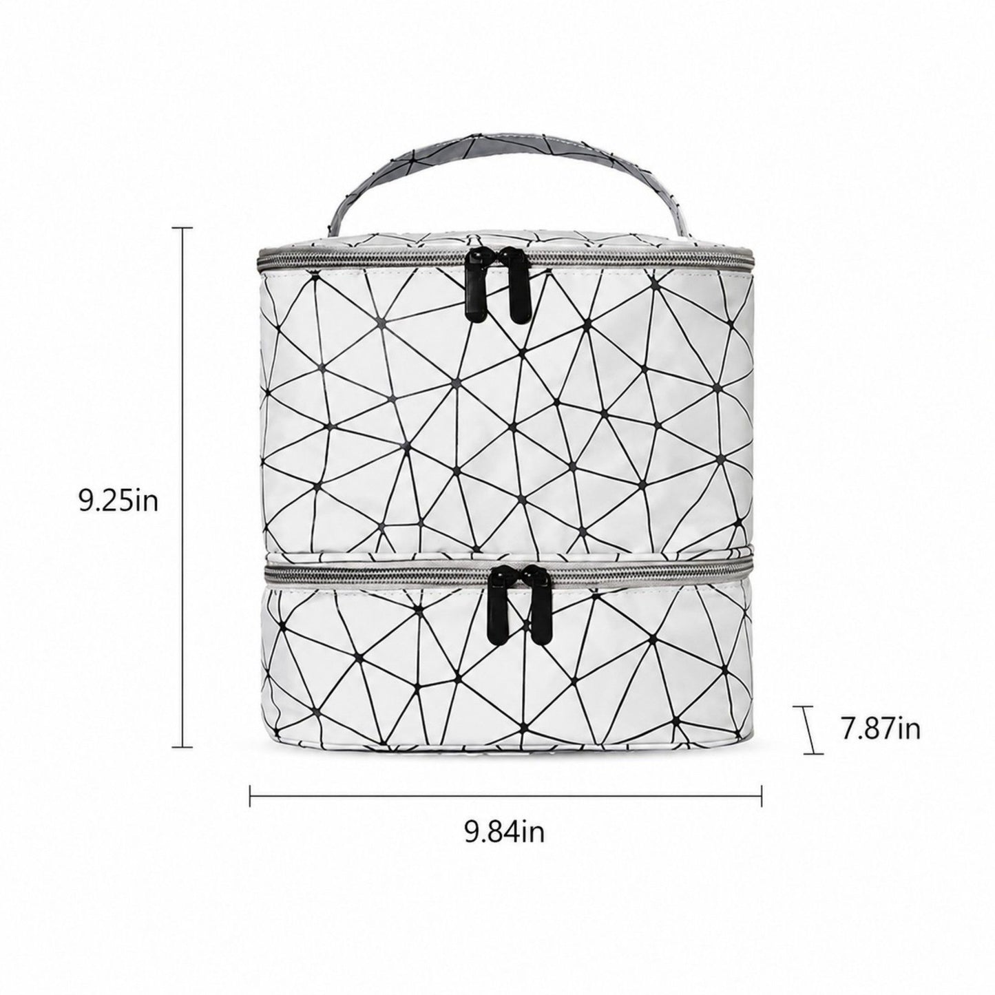 Two-Tier Cosmetic Organizer Bag with Geometric Print Dual Zippers Carry Handle and Interior Pockets