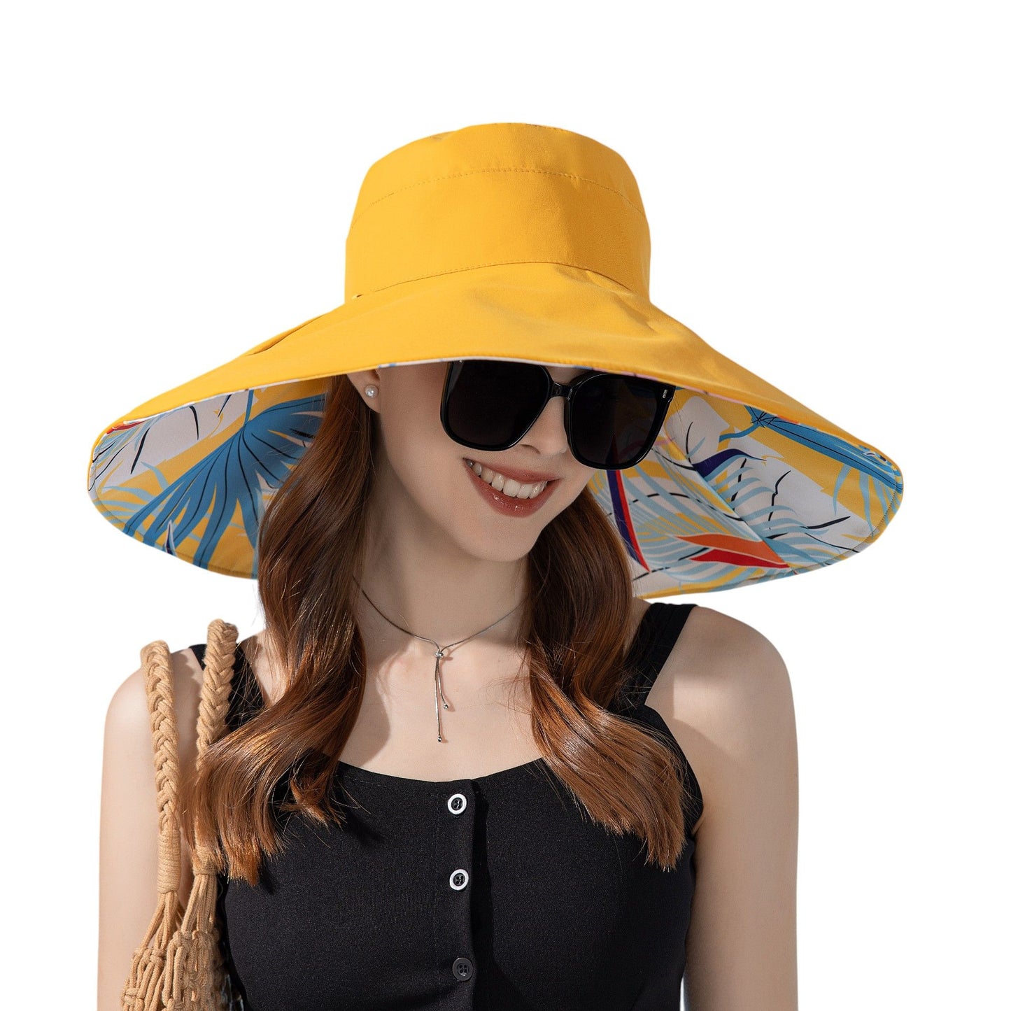 Wide Brim Floppy Sun Hat with Colorful Printed Underside UV Protection Lightweight Foldable Design for Outdoor Use