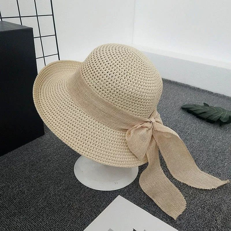 Women Straw Sun Hat Wide Brim Woven Beach Hat Bow Tie Detail Breathable Summer Hat