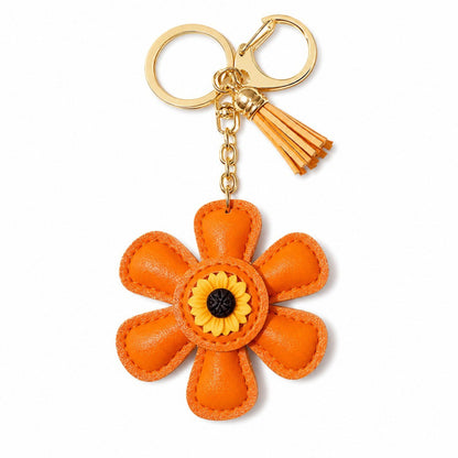 Faux Leather Sunflower Bag Charm Keychain Beige Floral Purse Accessory with Tassel