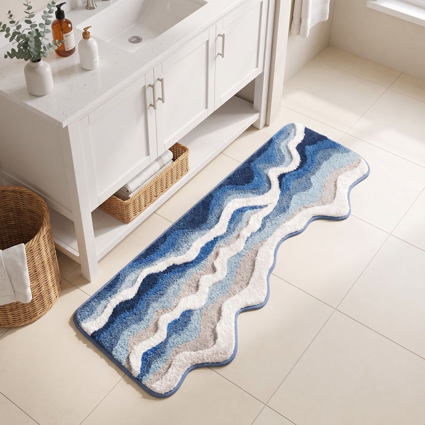Abstract Ocean Wave Plush Bathroom Mat with Irregular Scalloped Edge