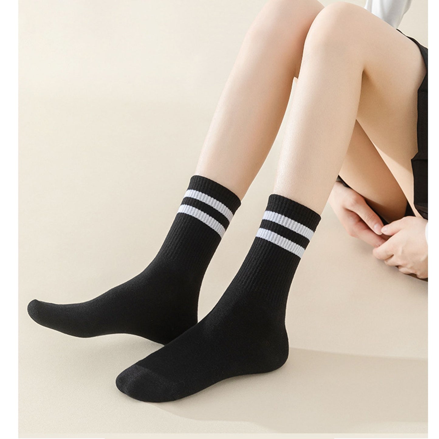 4-Pack Sporty Crew Socks with Double White Stripes Moisture-Wicking Ribbed Design