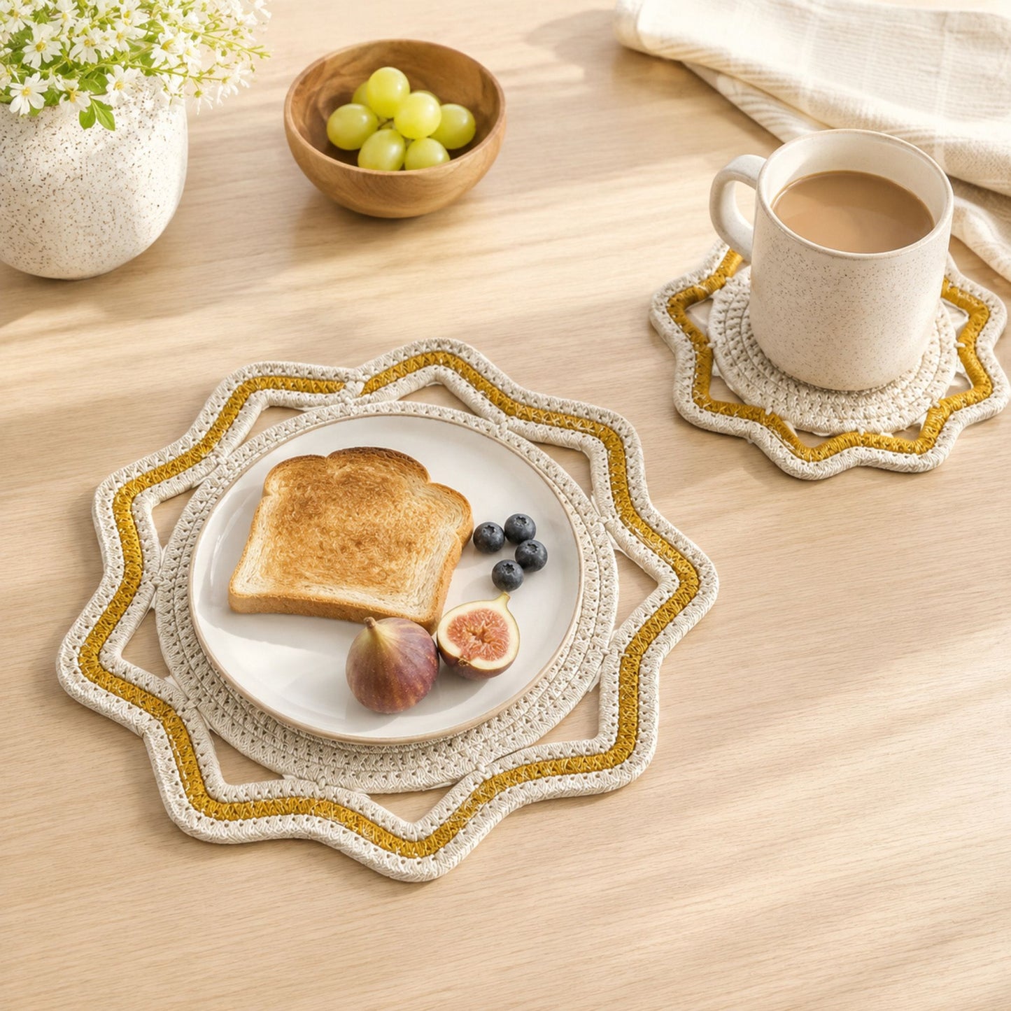 Woven Cotton Cord Octagonal Placemat and Coaster 2-Piece Set
