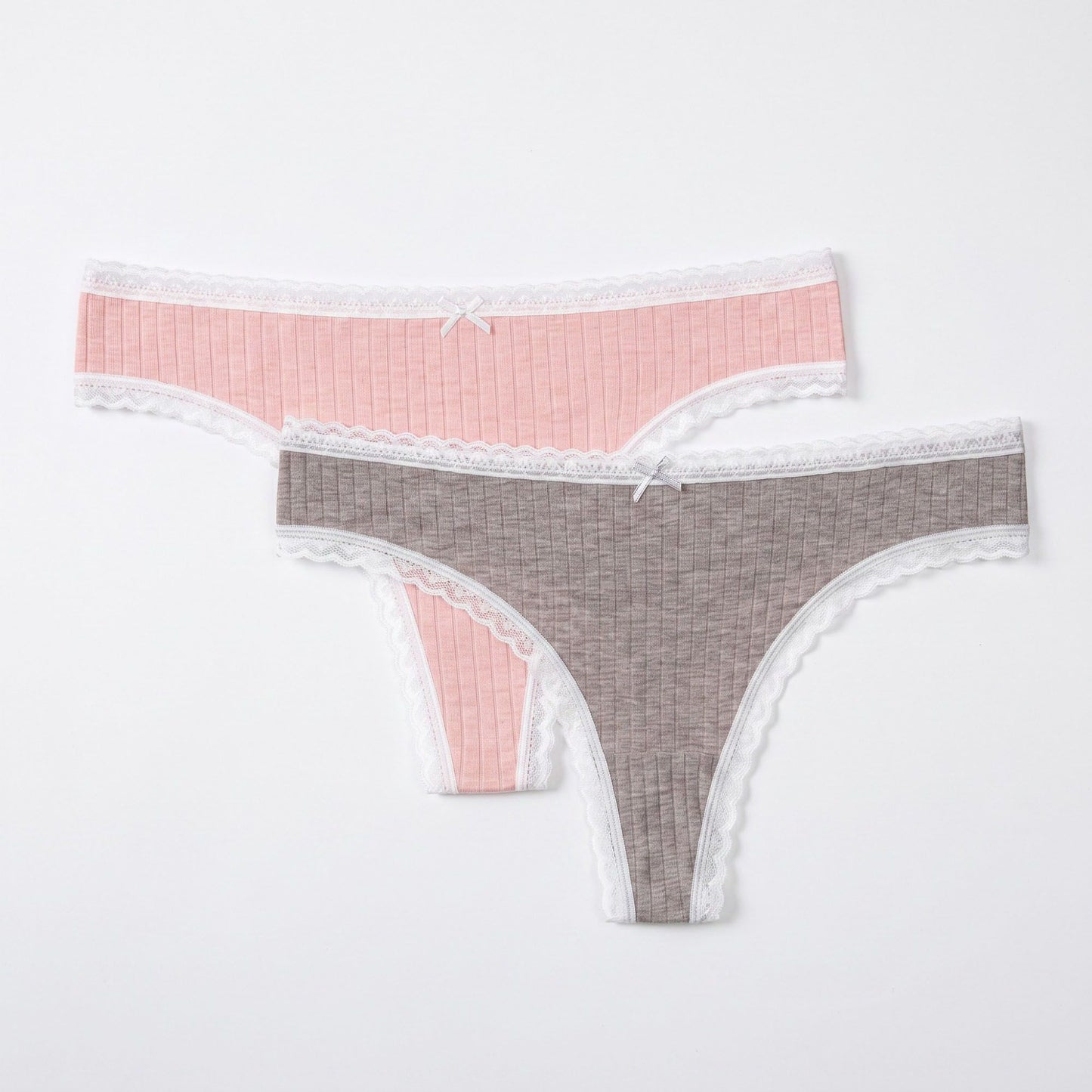 2 Pack Ribbed Lace Trim Thong Underwear