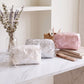 Womens Quilted Bow Makeup Bag with Pearl Charm Cosmetic Pouch